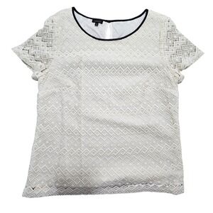 Talbots Womens Ivory Geometric Lace Top Black Faux Leather Trim Size 16 CN2643